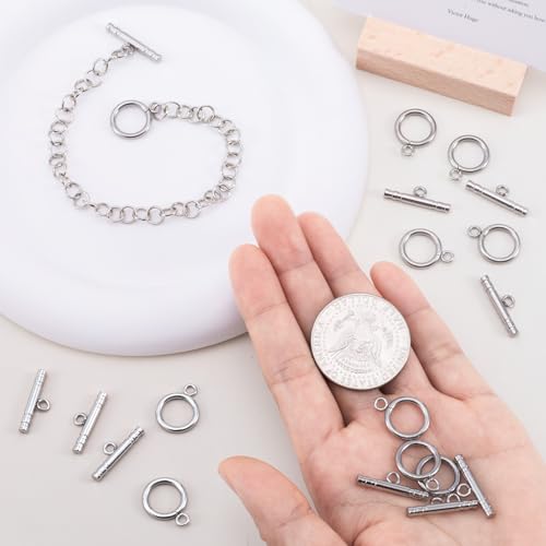 5 Sets Toggle Clasps for Jewelry Making, Stainless Steel OT Toggle Jewelry Clasps, T-Bar Round Ring Closure Connectors for DIY Bracelet Necklace Anklet- Silver - color: Silver-A Style