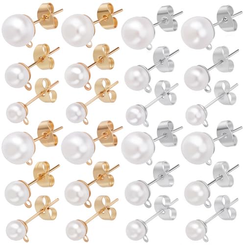 1 Box 240Pcs 120 Sets Pearl Earring Posts Pearl Earring Findings Ear Post with Imitation Beads and Loop Butterfly Back Hypoallergenic Silver Ear Studs for Jewelry Making DIY Crafts Women - color: Light Gold, Silver