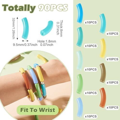 Acrylic Tube Beads for Bracelets Curved Chunky Bamboo Tube Beads Two Tone Bangle Acrylic Bead for Jewelry Making Earring Crafts - color: Blue-Green