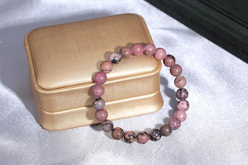 MAIBAOTA Healing Crystal Bracelet for Women Men, 8/4 mm Natural Stone Beaded Bracelets, Jewelry Birthday Gifts, Round Gemstones Stretch Bracelets - color: Red-Rhodonite, size: 8 mm