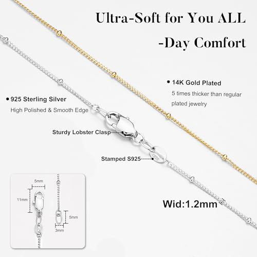 IEFWELL 14K-Real-Gold-Plated S925 Sterling Silver Chain Necklace for Women, 1.2/0.8mm Satellite Bead Cable Box Chains Set Hypoallergenic Sturdy Women's Chain Necklace, 16/18/20/22 Inch Jewelry Gifts - color: Satellite Chain, size: 20 Inch