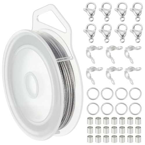 BENECREAT 33Feet Stainless Steel Beading Wire, 7 Strand 1mm, with 200Pcs Jump Rings, 20Pcs Lobster Claw Clasps, 100 Pcs Bead Tips and 200Pcs Crimp Beads, Jewelry Making Supply
