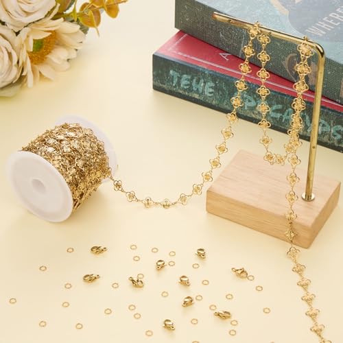Jabogrii 16.4 Feet Gold Stainless Steel Chain for Jewelry Making Four Leaf Clover Chain Bulk Spool DIY Jewelry Making Supplies - color: FLower Gold