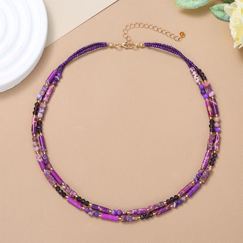 Elisheva Natural Stone Choker Necklace for Women, Boho Natural Emperor Jasper Stone Lace Agate Beaded Crystal Necklace, Gemstone Jewelry Gift for Her - style: 2 layered purple emperor stone