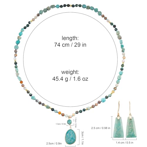 2 Pcs Boho Lapis Lazuli Jewelry Set for Women - Handmade Natural Stone Beaded Long Necklace with Oval Lapis Lazuli Pendant & Trapezoid Lapis Lazuli Earrings | Vintage Elegance | Ideal Gift for Her - style: Amazonite Pendant