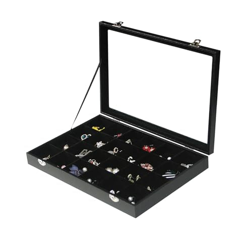 Coward Jewelry Organizer Box, Black Velvet 24 Grids Ring Earring Jewelry Display Tray Case with Transparent Glass Lid for Home Drawer or Shop Selling - color: Black Velvet, size: 24Grids Box