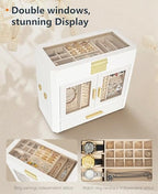 11" Large Jewelry Box White Woven PU Leather Storage Case Holds 100+ Pieces, Jewelry Case with Metal Handles for Necklaces, Rings, Earrings – Elegant Gift for Women - color: Beige-Large