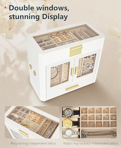 11" Large Jewelry Box White Woven PU Leather Storage Case Holds 100+ Pieces, Jewelry Case with Metal Handles for Necklaces, Rings, Earrings – Elegant Gift for Women - color: Beige-Large