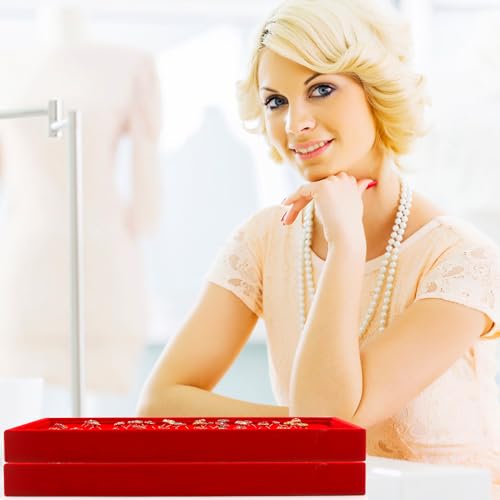 Lainrrew Jewelry Tray, 4 Pack Jewelry Organizer Velvet Jewelry Tray Stackable Jewelry Trays, Necklace & Earring Holder, Divided Bracelet & Ring Storage, 13.8"x9.5"x1.2" - Elegant Display Case (Red) - color: Red
