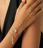 YEEZII Gold Hand Chain Bracelets for Women, 2 Pcs 14k Gold Plated Cubic Zirconia Link Chain Bracelet Set, Trendy ring bracelet hand chain Jewelry for Her - color: Gold-E