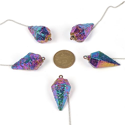 Justinstones Metallic Rainbow Coated Dragon Blood Fossil Gemstone Rock Crystal Hexagonal Pointed Reiki Chakra Pendant Pendulum - color: Metallic Rainbow Coated Dragon Blood Fossil