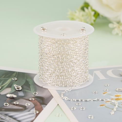 KYUNHOO 16.4 Feet Silver Plated Chains for Jewelry Making Thin Anchor Link on Spool Small Chain for Crafts DIY with Jump Rings Lobster Clasps - color: Bean Silver