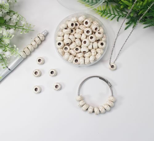 Large Hole Turquoise White Beads for Bracelet 100pcs European Gemstone Beads Howlite Rondelle Space Craft Beads for Pens-DIY Charms-Jewelry Making (White Large Beads) - color: White Large Beads