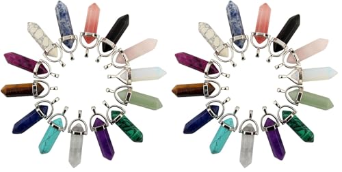 Mutilcolor 14pcs Bullet Shape Healing Pointed Chakra Pendants sugilite Quartz Crystal Stone Charm Randow Color for Necklace Making - size: 11mmX38mm (Pack of 2)