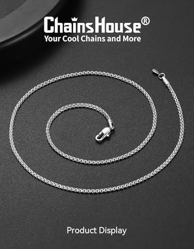 ChainsHouse Flat Box Chain Necklace Men, 2/4/6/8mm Round Link Chain Necklaces, Stainless Steel/Black/14K Gold Plated Mens Jewelry, 14"-30" Length, Come Gift Box - color: A-2mm-stainless, size: 24 Inches