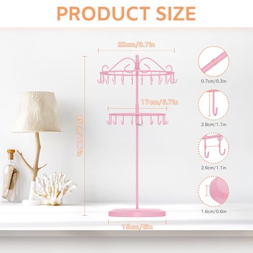 iDavosic.ly 2 Tier Rotating Necklace Holder Organizer with 42 Hooks, Adjustable Metal Bracelet Display Stand Rack, Extra Tall Keychain Spinning Tree Tower for Women, Pink - color: Candy Pink