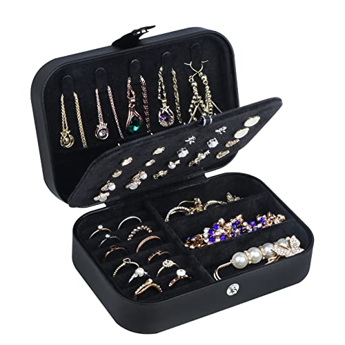 Hatori Travel Jewelry Box, PU Leather Small Jewelry Organizer for Women Girls, Portable Mini Travel Case Display Storage Holder Boxes for Stud Earrings, Rings, Necklaces, Bracelets (Black02) - color: Black02