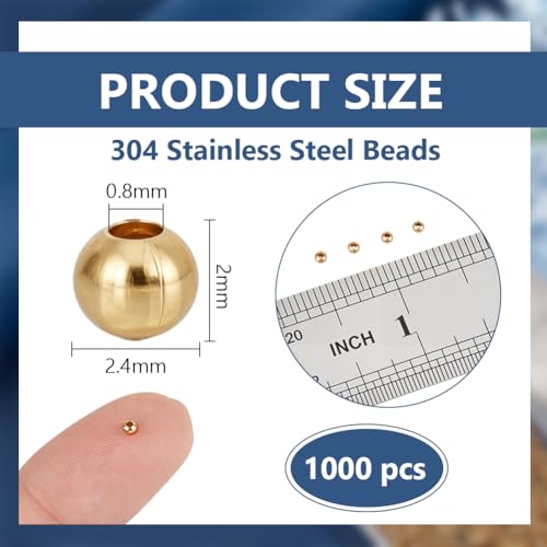 BENECREAT 1000Pcs Real 18K Gold Plated Stainless Steel Spacer Beads, Round Spacers Beads, 0.8mm Hole Metal Smooth Bead for DIY Bracelet Necklace Jewelry Crafts Making - size: Hole: 0.8mm
