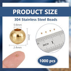 BENECREAT 1000Pcs Real 18K Gold Plated Stainless Steel Spacer Beads, Round Spacers Beads, 0.8mm Hole Metal Smooth Bead for DIY Bracelet Necklace Jewelry Crafts Making - size: Hole: 0.8mm