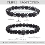 Black Obsidian Bracelet for Men - Black Tourmaline Beaded Bracelets - Mens Bracelet Set 8MM Black Onyx Hematite Lava Stone Beads Triple Protection Bracelet for Men Women Gifts