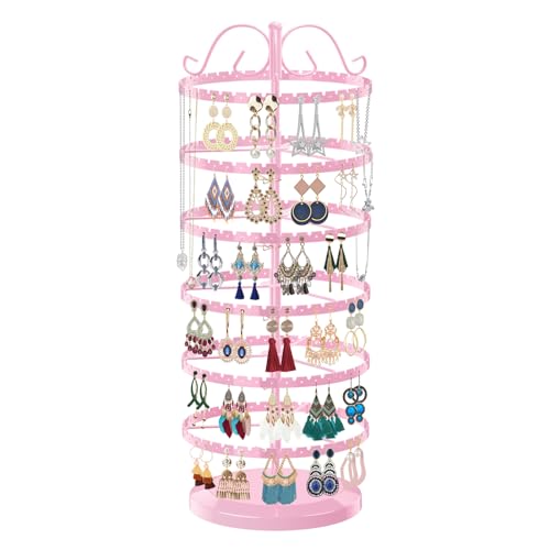 LASZOLA 6 Tier Pink Earring Holder Organizer Tree Women Display Storage for Stud and Hoop, Large Cool Rotating Clip Stand for Pierced and Dangle Earring, Vertical Metal Tower Carousel with 480 Holes - color: Pink, size: 6 Tier, 480 Holes