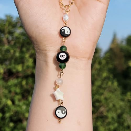 Car Rear View Mirror Accessories Witchy Car Hanging Ornament, Yinyang Rearview Pearl Shell Decor Charm 8 Ball Beaded Crystal Handmade Swinging Interior Decor for Women Men - color: 8 Ball Pearl