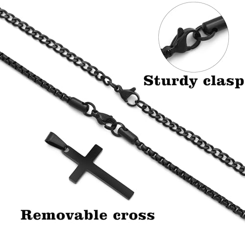 LUXEJEW Cross Necklace for Men Boys - Gold Silver Black Stainless Steel Cross Pendant Necklaces Layered Cuban Link Chain Necklace Jewelry Gifts 16 18 20 22 24 Inches - color: Black, size: 18in/20in, style: Style A-Small Pendant