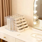 Greenfeather Jewelry Organizer with 7 Removable Drawers, Clear Acrylic Jewelry Box with 16 Necklace Hooks 48 Pairs of Earring Holes 5 Velvet-Lined Drawers for Rings Bracelets Necklaces - color: Off-White-Style B