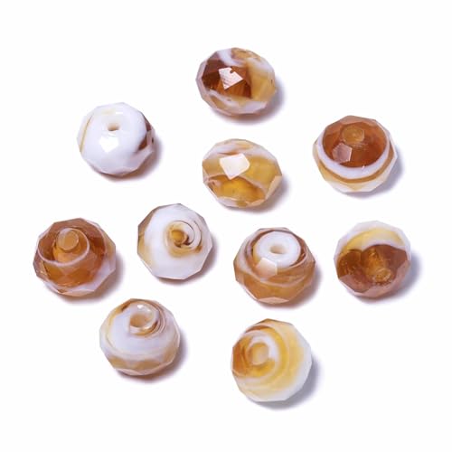 7.5×10mm 50pcs Brown White Facted Lampwork Glass Beads for Jewelry Making, Flat Round Handmade Murano Beads for Bracelets, Crafts, Friendship Bracelet Kit, Rosary Making - color: Brown White