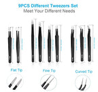 YHYZ 9PCS Precision Tweezers Set, Premium Anti-Static Stainless Steel Precise Tweezers (Fine, Curved, Flat), for Craft, Electronic, Soldering, Model, Hobby, Jewelry Making, Laboratory - style: 9pcs with case, V1