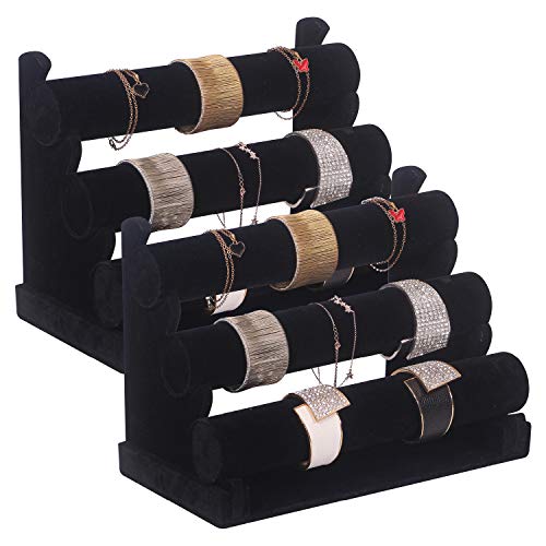 DIOMMELL 2 Pack Velvet Bracelet Holder with 3 Tier Rack, Jewelry Display Stand Watch Bangle Bar Necklace Storage Organizer, Black
