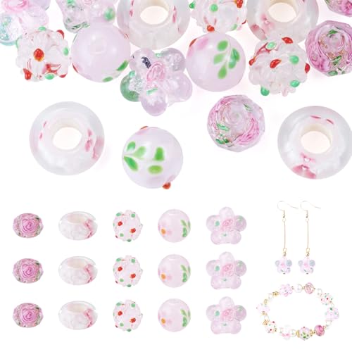 Beadthoven 20Pcs Pink Handmade Lampwork Glass Beads Glitter Bumpy Millefiori Beads Vintage Rose Flower Faceted Rondelle Round Spacers Charm for Bracelets Necklace Earring Jewelry Making DIY Crafts - color: Pink Flower Round
