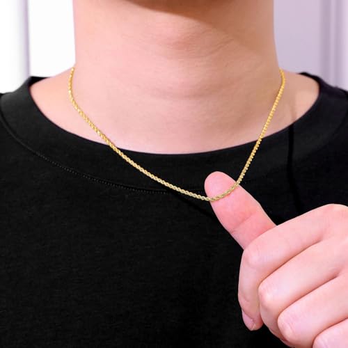 Fiusem 18K Gold Plated Rope Chain for Men, 18K Gold Plated/Black Chain Necklace, Stainless Steel Necklace for Men and Women, Jewelry Gifts - size: 16 Inches, style: Gold 2mm