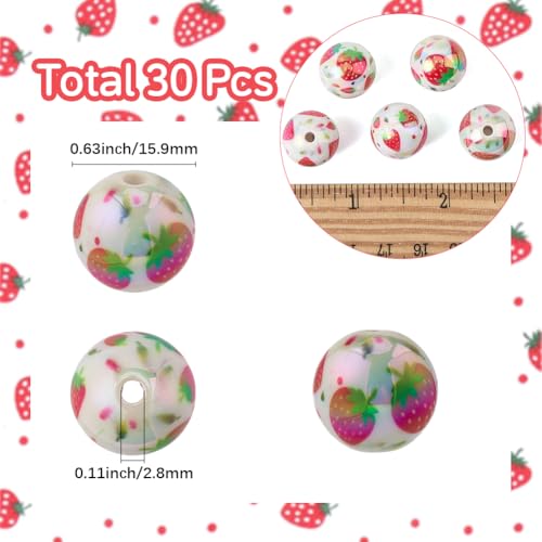SUNNYCLUE 1 Box 30Pcs Acrylic Strawberry Beads 16mm Chunky Bubblegum Beads Bulk Fruit Printed Round Gum Ball Loose Spacers for Jewelry Making Necklaces Bracelets Earrings Beadable Pens Adults