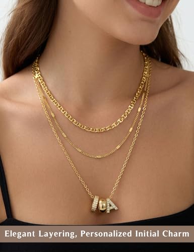 Layered Gold Necklaces for Women, 14K Gold Plated Dainty Cubic Zirconia Rondelle Initial Pendant Necklace, Chunky Stackable Mariner Chain Choker, Trendy Personalized Name Jewelry Gifts for Women - style: Letter A