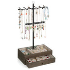 Meangood Jewelry Organizer Stand, 3-Tier Necklace Holder Jewelry Tree with Wooden Storage Drawer Box for Necklace Bracelet Earring Ring, Walnut - color: Weathered Grey