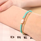 Peridot Stand Silver Gold Bracelets, Handmade Birthstone Stack Bracelet Crystal Gemstones Bead Chain Gift for Women, 8" - color: Gold-Turquoise Pearl