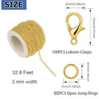 32.8 Feet Necklace Chain Width 3 mm Twisted Chain for DIY Jewelry Making，Necklace Chains Set with 30Pcs Lobster Clasps 60Pcs Jump Rings