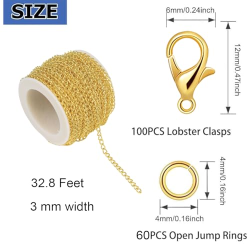 32.8 Feet Necklace Chain Width 3 mm Twisted Chain for DIY Jewelry Making，Necklace Chains Set with 30Pcs Lobster Clasps 60Pcs Jump Rings