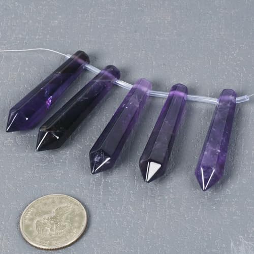 50mm Natural Amethyst Hexagonal Wand Jewelry Making Crystal Pointed Chakra Reiki Healing Beads 2mm Hole Drilled(Pack of 5) - color: Amethyst