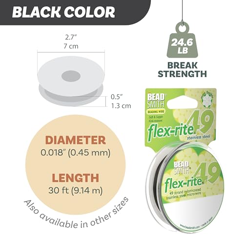 The Beadsmith Flex-Rite Beading Wire - 49-Strand Nylon-Coated Stainless-Steel Wire, 0.018" (0.45 mm) Dia, Black, 30 ft Spool, Durable Necklace & Bracelet String, for Jewelry Making Supplies - color: Black, size: .018” Dia - 30 Ft
