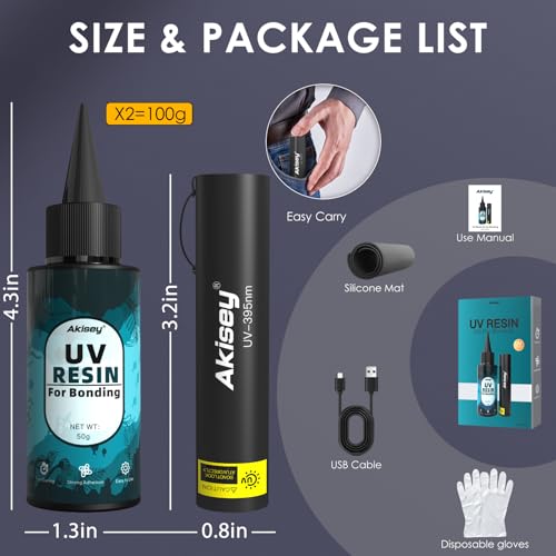 Akisey UV Resin Kit with Light, 100g UV Resin with Rechargeable 395NM UV Flashlight, Fast Curing in Seconds, UV Glue Adhesive for Bonding Jewelry, Plastic, Glass Repair, w/Mat, Gloves, Storage Bag - size: 100g