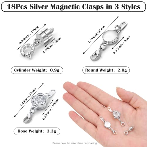 18 Pcs 3 Styles Magnetic Necklace Clasps and Closures, Rose Round Cylindrical Jewelry Magnetic Clasp Connector Locking Magnetic Clasp Bracelet Extender for Jewelry Making (Silver) - color: Silver