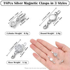 18 Pcs 3 Styles Magnetic Necklace Clasps and Closures, Rose Round Cylindrical Jewelry Magnetic Clasp Connector Locking Magnetic Clasp Bracelet Extender for Jewelry Making (Silver) - color: Silver