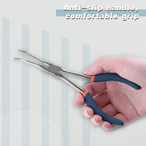 Long Reach Bent Needle Nose Pliers, 7 Inches, Serrated Jaws, PVC Handles, High Carbon Steel, Blue, Jewelry Making, Beading, Handicraft - style: Bent Needle Nose Pliers Serrated Jaws