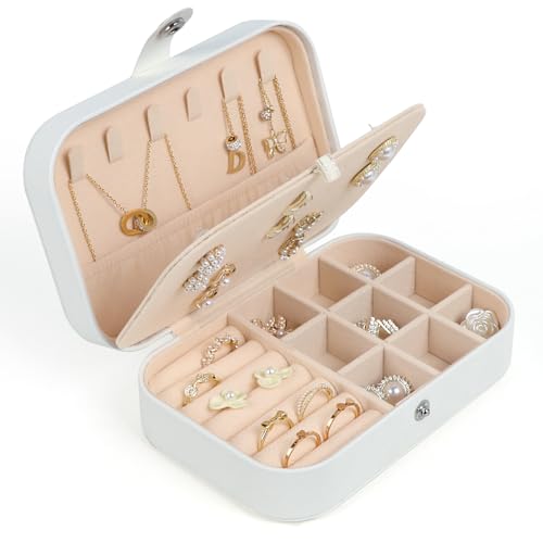 Travel Jewelry Box, Small Jewelry Organizer Boxes for Women Girls, 2 Layer Travel Jewlery Case, PU Leather Mini Portable Jewerly Storage Display Holder for Earrings, Ring, Necklaces, Bracelets White1 - color: White 1