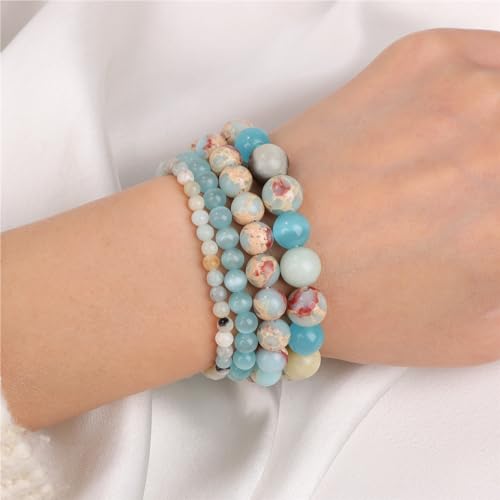 Vinswet 4pcs Beaded Bracelets for Women,Natural Healing Crystal Gemstones Bracelet,Anxiety Stress Relief Bracelet Handmade purple Jewelry Gifts for Women - color: Amazonite&Blue cat eyes&Blue Jasper