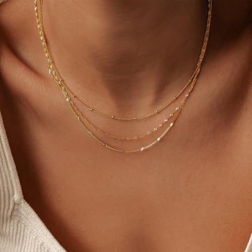 Gold Layered Necklaces for Women, 14K Gold Plated Dainty Gold Chain Choker Necklace Stack, Herringbone Gold Necklaces Set - color: gold-3-Beaded