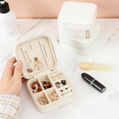Small Travel Jewelry Box, PU Leather Portable Organizer with Compartments for Earrings, Rings, Necklaces, Mini Storage Case for Women and Girls, Bridesmaid Gift