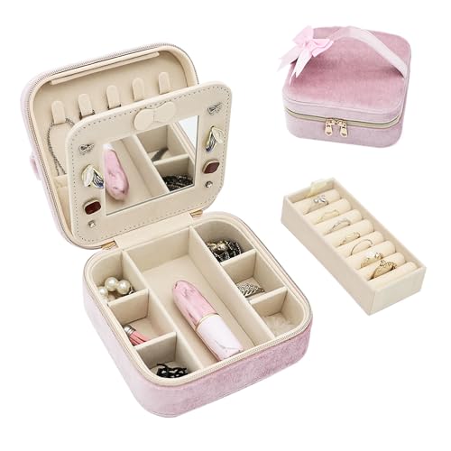 Travel Jewelry Case With Mirror Zipper, Velvet Small Jewelry Box for Women Girls, Square Portable Jewelry Organizer for Travel (Pink) - color: Pink